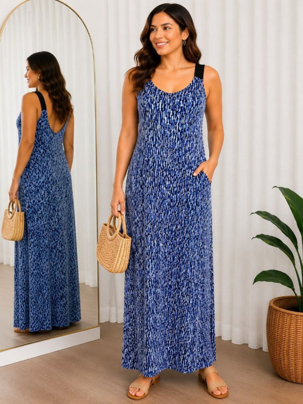 Donna Karan Sleepwear Blue Abstract Print Maxi Lounge Dress Pockets Women's L